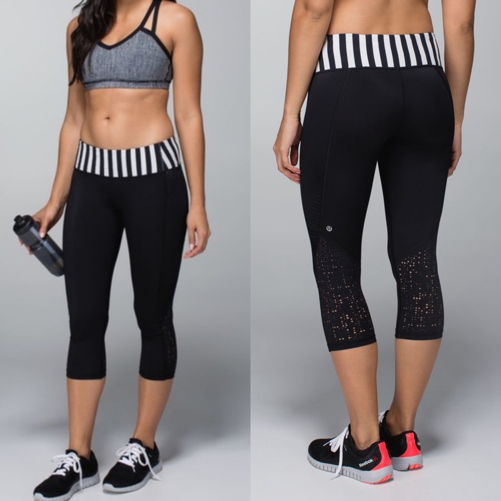 Lululemon Water Bound Crop Black / Apex Stripe Printed Black Dune Size‎ 4